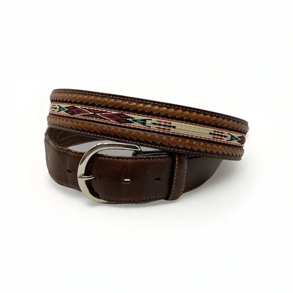 Vtg Silver Creek Belt Mens 46 Brown Leather Woven Native Embroidery Southwestern